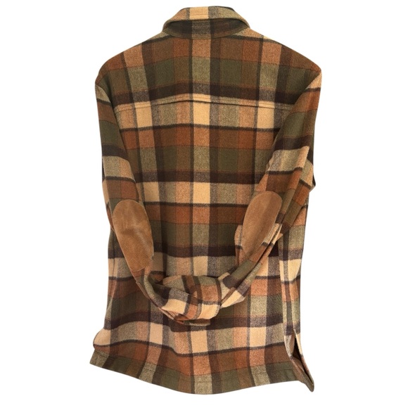 Jones Sport Brown/Green Plaid ZipUp Flannel Shacket Suede Elbow Patches Women Lg - Picture 3 of 10